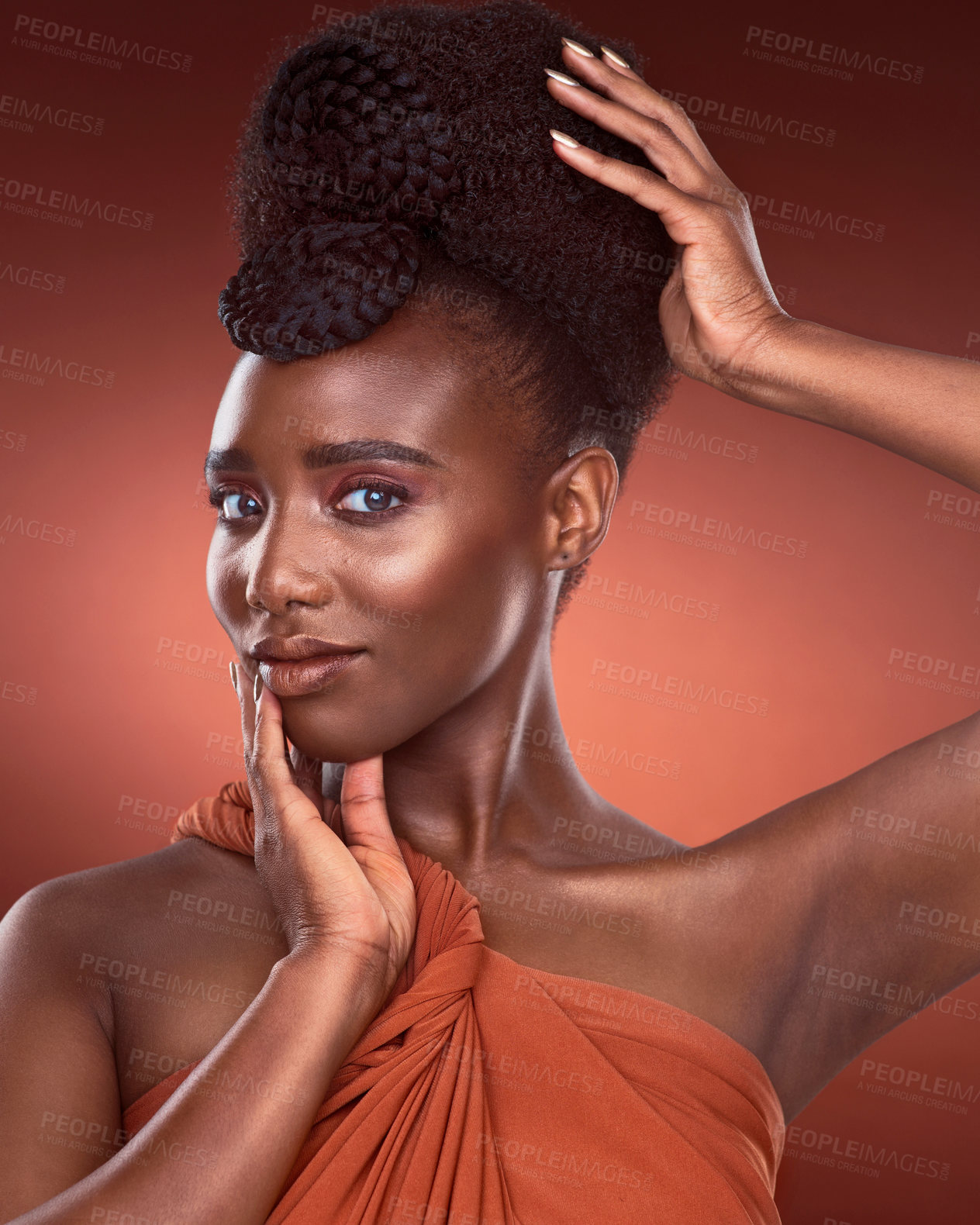 Buy stock photo Portrait, creative beauty and black woman with makeup, pride and confidence by studio backdrop. Smile, female person and model with glow, glamour and elegant by background for art deco or aesthetic