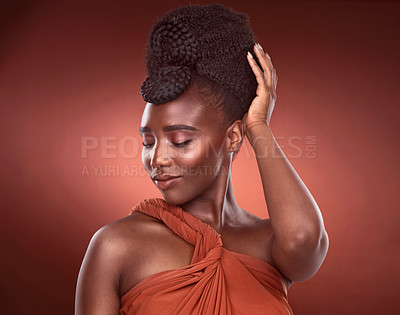 Buy stock photo Black woman, fashion and thinking in studio with hairstyle, haircare and elegance on brown background. Female person, hairdo and beautiful in dark orange for extrovert, autumn and strength or pride