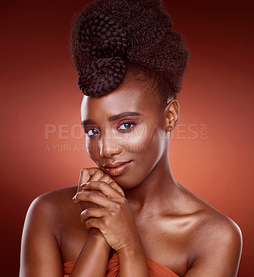 Buy stock photo Makeup, skincare and beauty portrait of black woman in studio for wellness or aesthetic isolated on a red background. Face, cosmetics and young African model for shine, glow or healthy dermatology