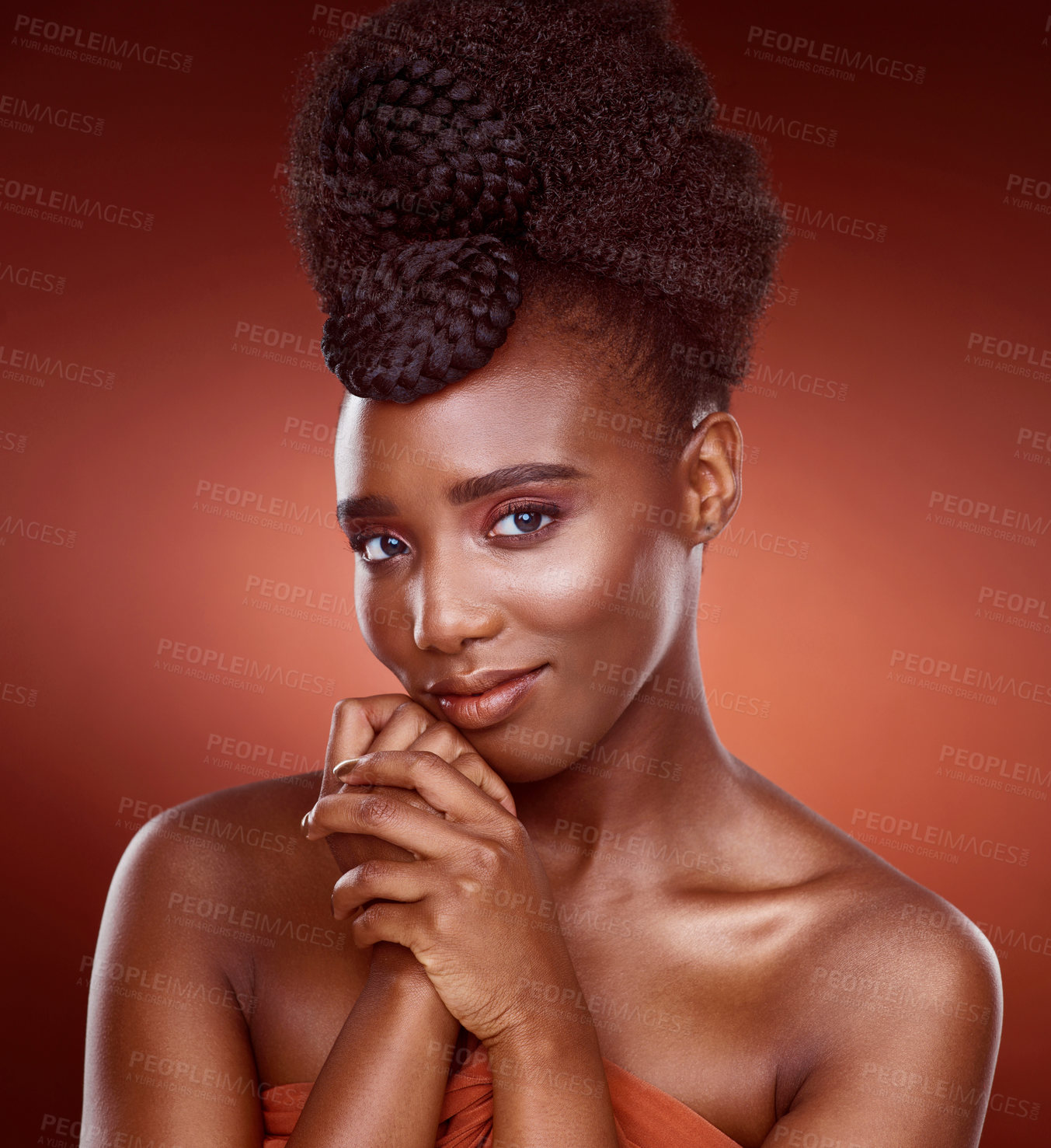 Buy stock photo Makeup, skincare and beauty portrait of black woman in studio for wellness or aesthetic isolated on a red background. Face, cosmetics and young African model for shine, glow or healthy dermatology