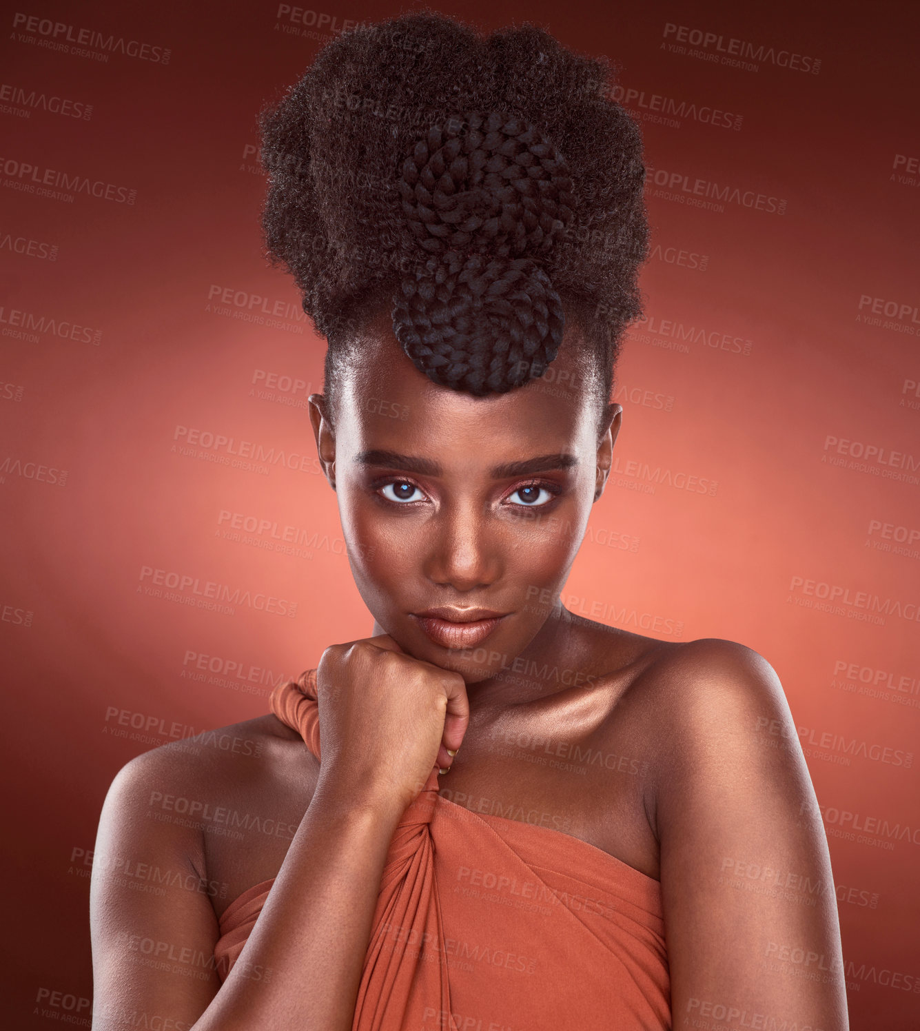 Buy stock photo Makeup, fashion and beauty portrait of black woman in studio for wellness or aesthetic isolated on a brown background. Face, hairstyle and cosmetics of confident African model for shine and glow