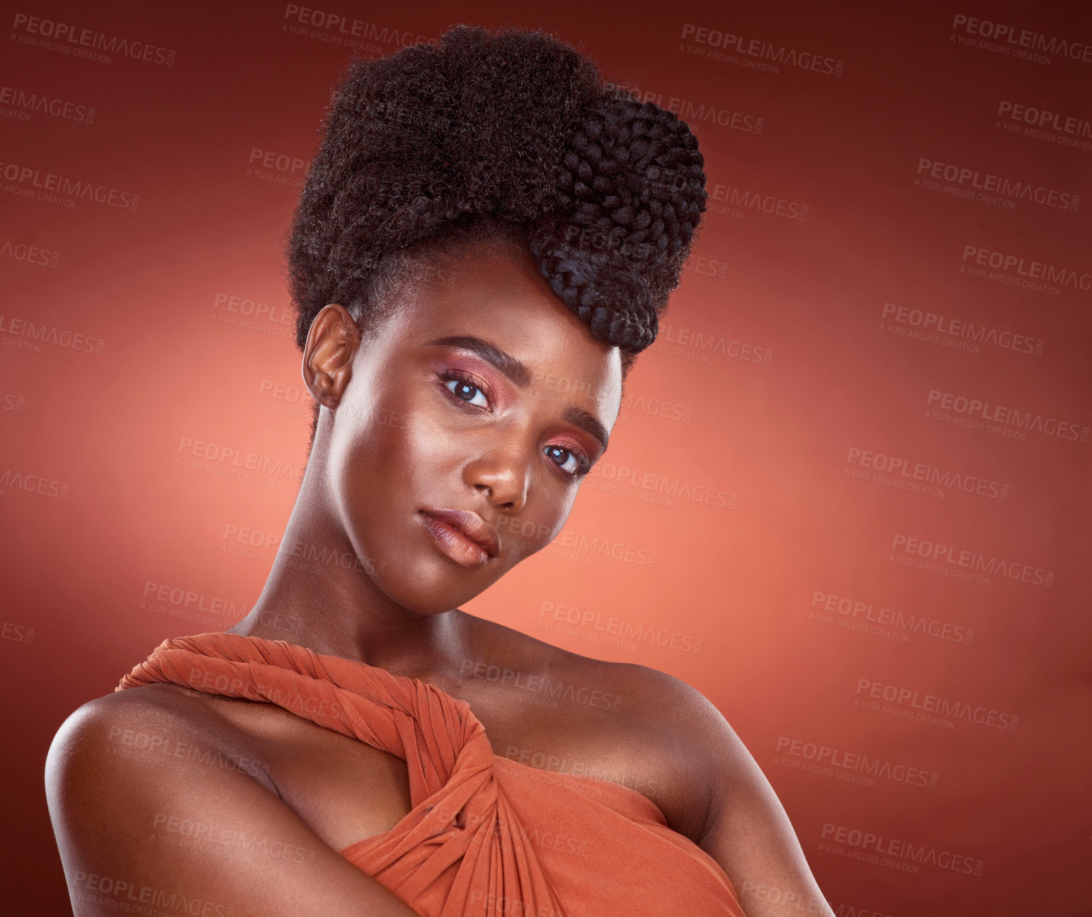 Buy stock photo Makeup, portrait and beauty of black woman in studio for wellness, skincare or aesthetic isolated on red background. Face, salon and cosmetics of confident African model for shine, glow or serious