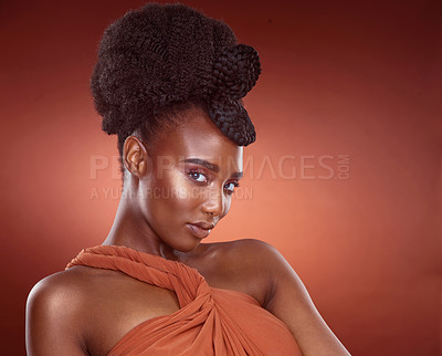 Buy stock photo Skin, portrait and beauty of black woman with hair care in studio for wellness, aesthetic or braids isolated on red background. Face, fashion makeup and cosmetics of serious African model for glow