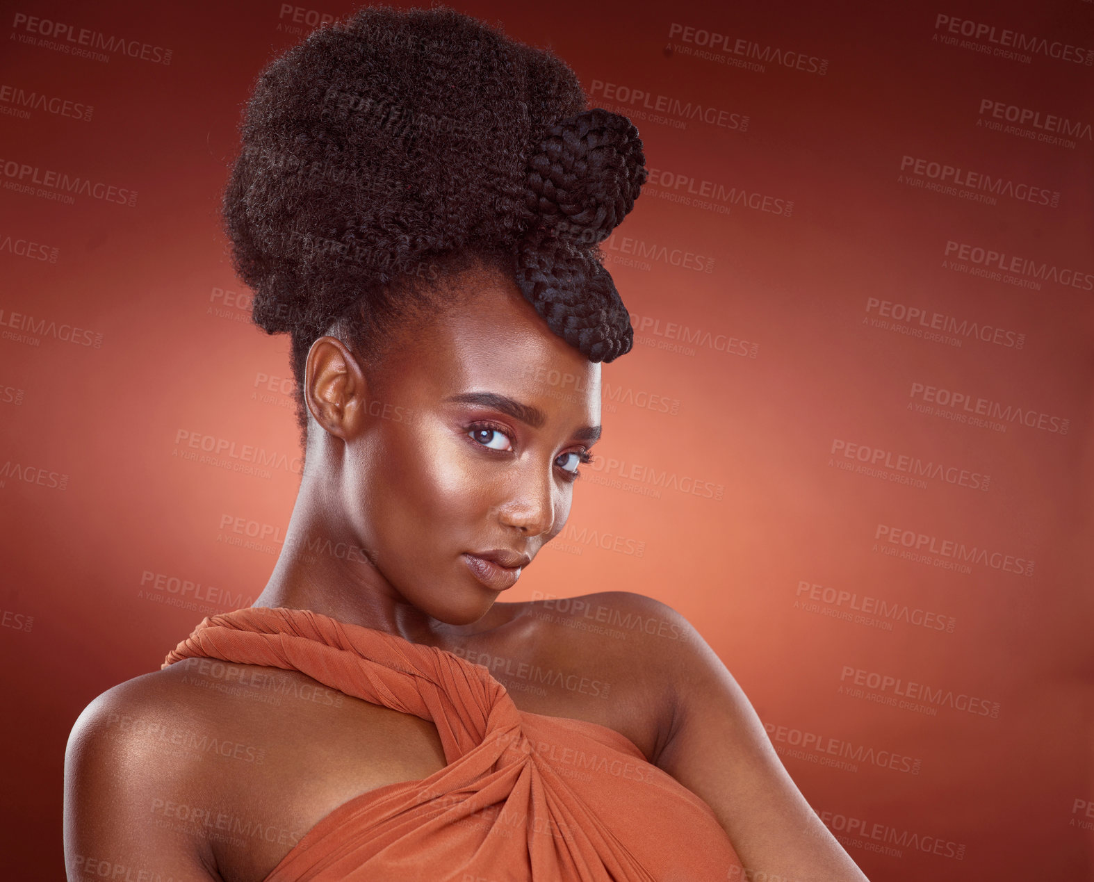 Buy stock photo Skin, portrait and beauty of black woman with hair care in studio for wellness, aesthetic or braids isolated on red background. Face, fashion makeup and cosmetics of serious African model for glow