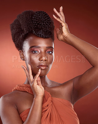 Buy stock photo Makeup, skincare and beauty portrait of black woman in studio for wellness or aesthetic isolated on a red background. Face, fashion and cosmetics of serious African model for shine, glow and style