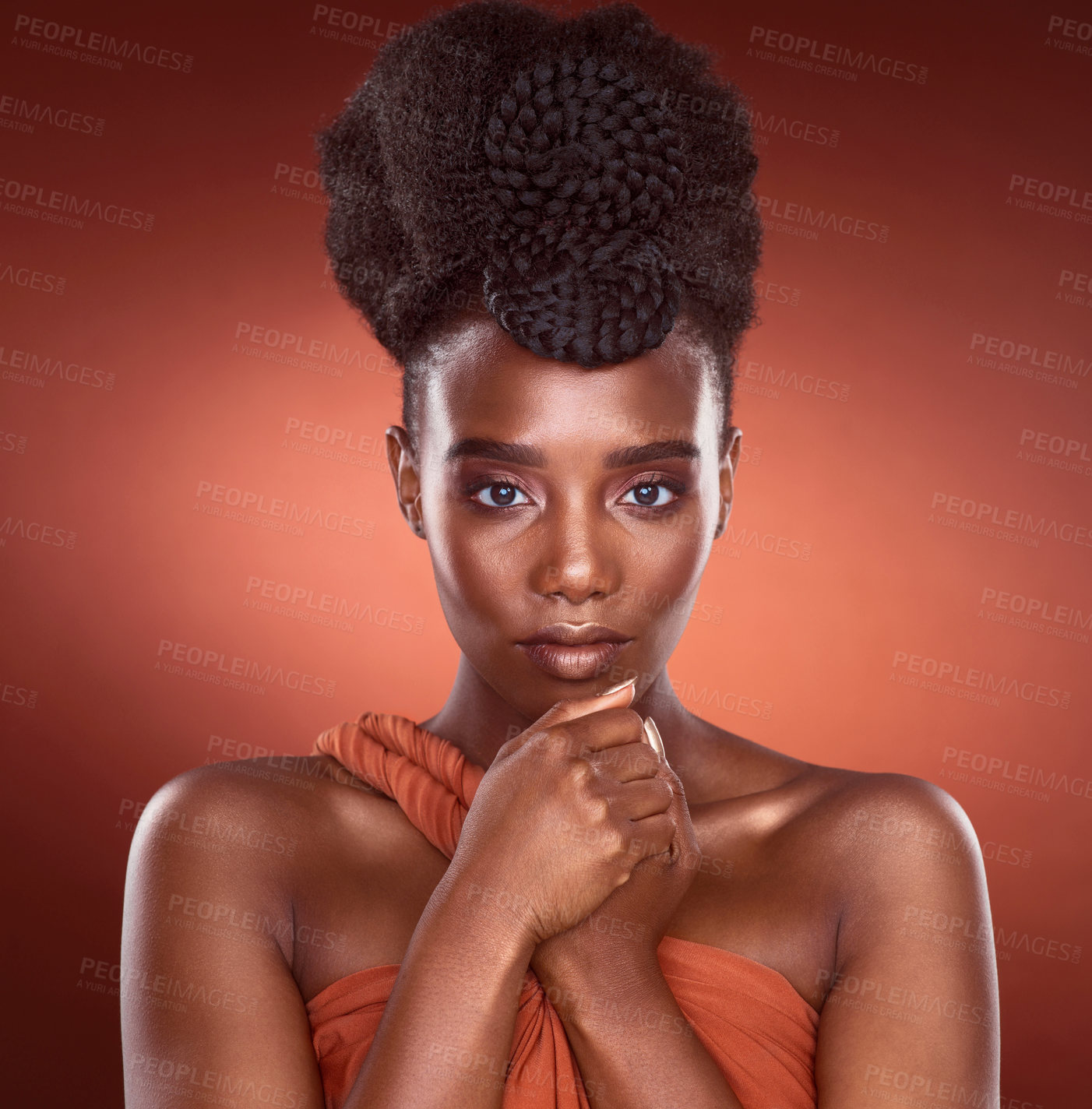 Buy stock photo Portrait, makeup and beauty of confident black woman in studio for wellness, skincare or aesthetic isolated on red background. Face, fashion and cosmetics of serious African model for shine or glow