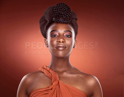 Buy stock photo Portrait, makeup and skincare of confident black woman in studio for wellness, beauty or aesthetic isolated on red background. Face, fashion and cosmetics of serious African model for shine or glow