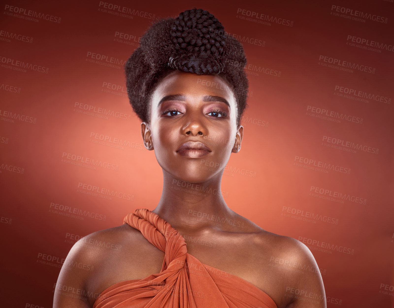 Buy stock photo Portrait, makeup and skincare of confident black woman in studio for wellness, beauty or aesthetic isolated on red background. Face, fashion and cosmetics of serious African model for shine or glow