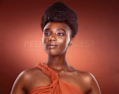 Buy stock photo Proud, haircare and African woman in studio, confidence and mockup for braids, creative and culture. Background, elegant and texture of hair, salon and treatment for shine, health and self care