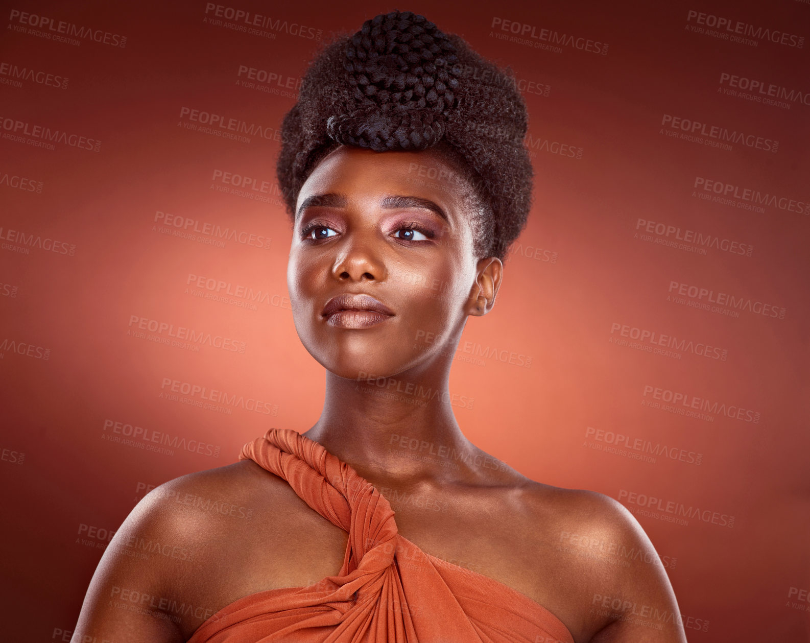 Buy stock photo Proud, haircare and African woman in studio, confidence and mockup for braids, creative and culture. Background, elegant and texture of hair, salon and treatment for shine, health and self care