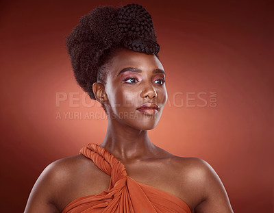 Buy stock photo Glow, haircare and African woman in studio, confidence and mockup for braids, creative and culture. Background, elegant and texture of hair, salon and treatment for shine, health and self care