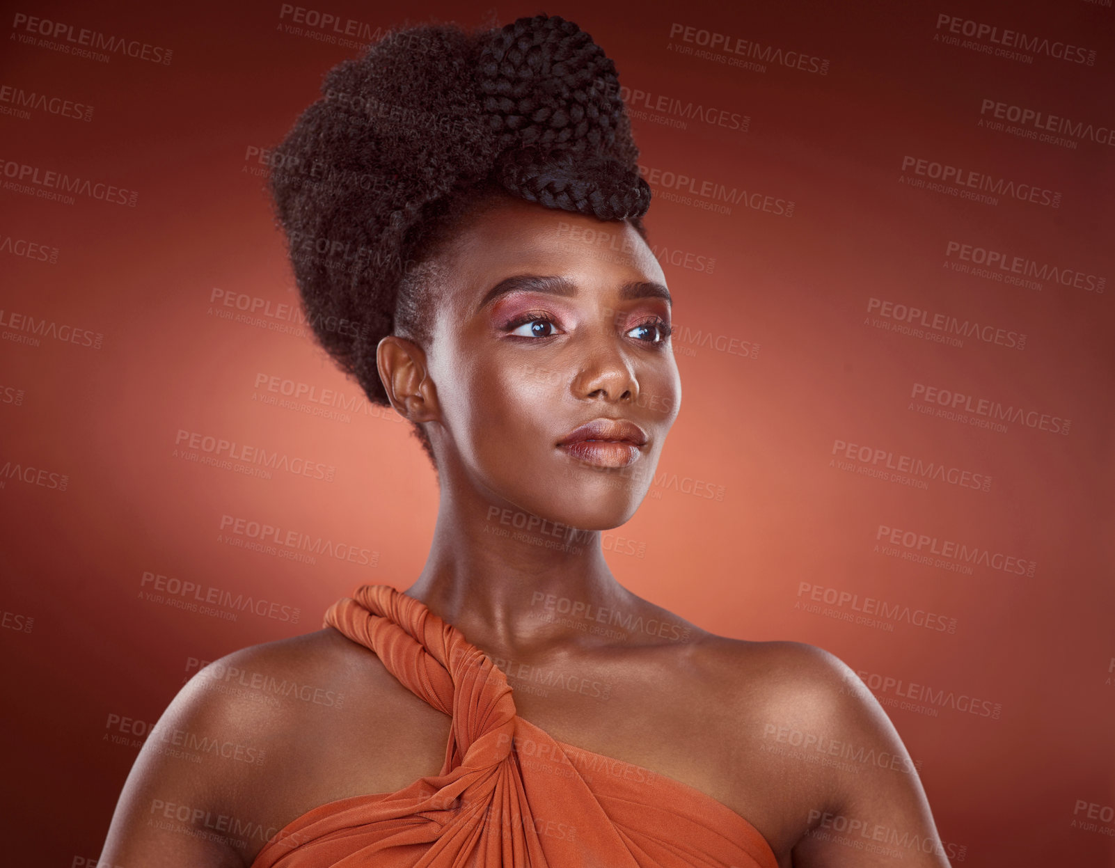 Buy stock photo Glow, haircare and African woman in studio, confidence and mockup for braids, creative and culture. Background, elegant and texture of hair, salon and treatment for shine, health and self care