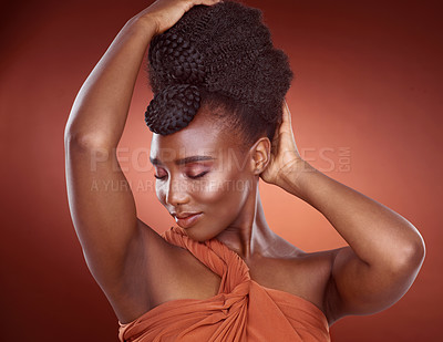 Buy stock photo Braids, haircare and African woman in studio, confidence and proud in mockup, creative and culture. Background, elegant and texture of hair, salon and treatment for shine, health and self care