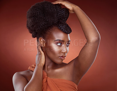 Buy stock photo Texture, haircare and African woman in studio, confidence and mockup for braids, creative and culture. Background, elegant and proud of hair, salon and treatment for shine, health and self care