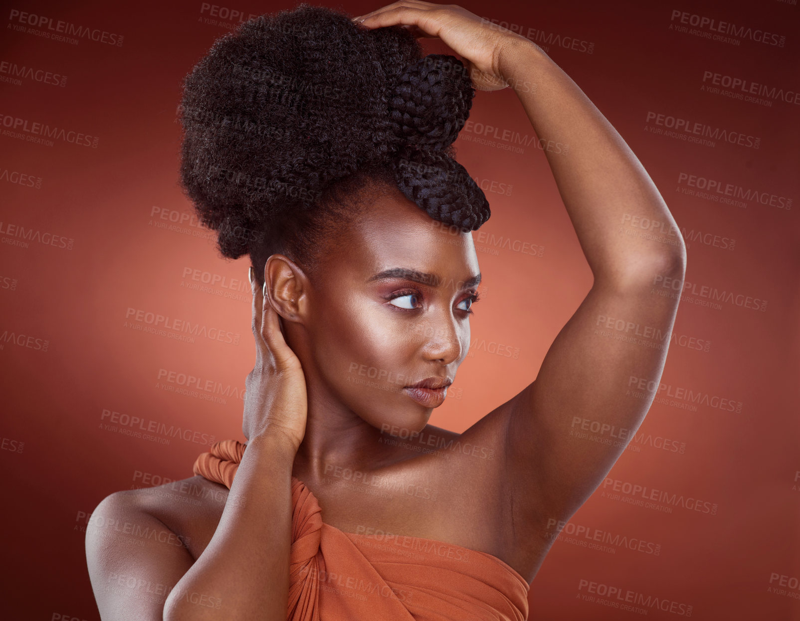 Buy stock photo Texture, haircare and African woman in studio, confidence and mockup for braids, creative and culture. Background, elegant and proud of hair, salon and treatment for shine, health and self care