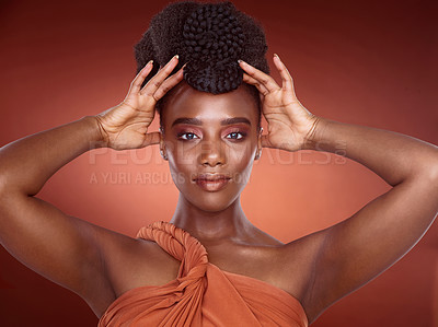 Buy stock photo Hairstyle, confidence and portrait of African woman in studio for pride, culture and braids with hands and healthy texture. Black female person, self care and heritage of hair for shine and glow