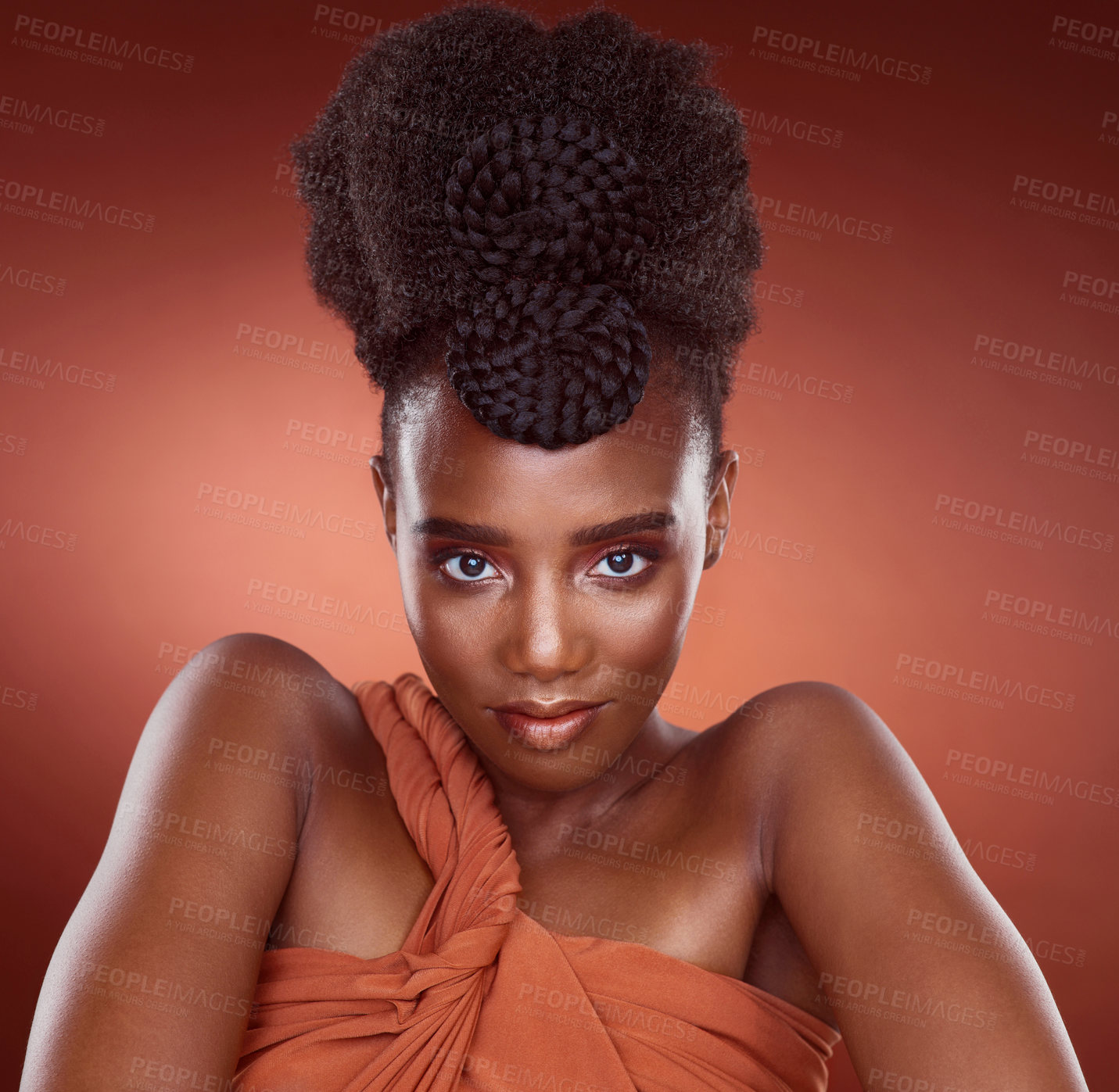 Buy stock photo Portrait, creative beauty and confident woman with makeup, pride and glow by studio backdrop. Smile, black female person with lipstick, glamour and elegant by background for art deco or aesthetic