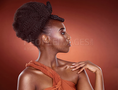 Buy stock photo Studio, haircare and African woman with afro, confidence and mockup for braids, creative and culture. Background, elegant and texture of hair, salon and treatment for shine, health and self care