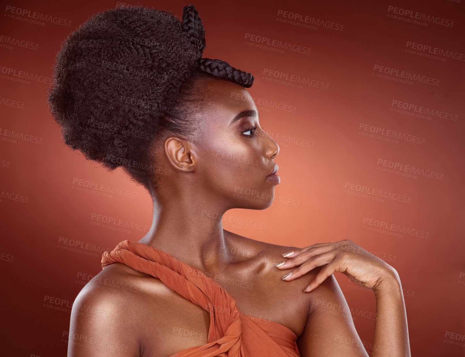 Buy stock photo Studio, haircare and African woman with afro, confidence and mockup for braids, creative and culture. Background, elegant and texture of hair, salon and treatment for shine, health and self care