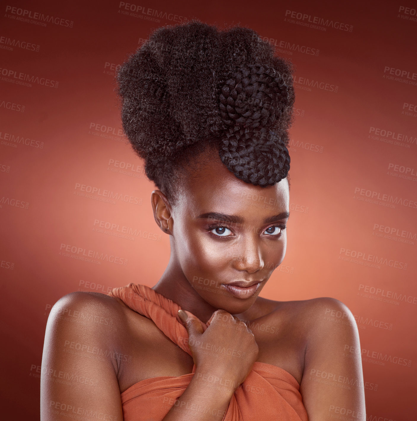 Buy stock photo Natural, haircare and portrait of African woman, confidence and mockup for braids, creative and culture. Background, elegant and texture of hair, salon and treatment for shine, health and studio