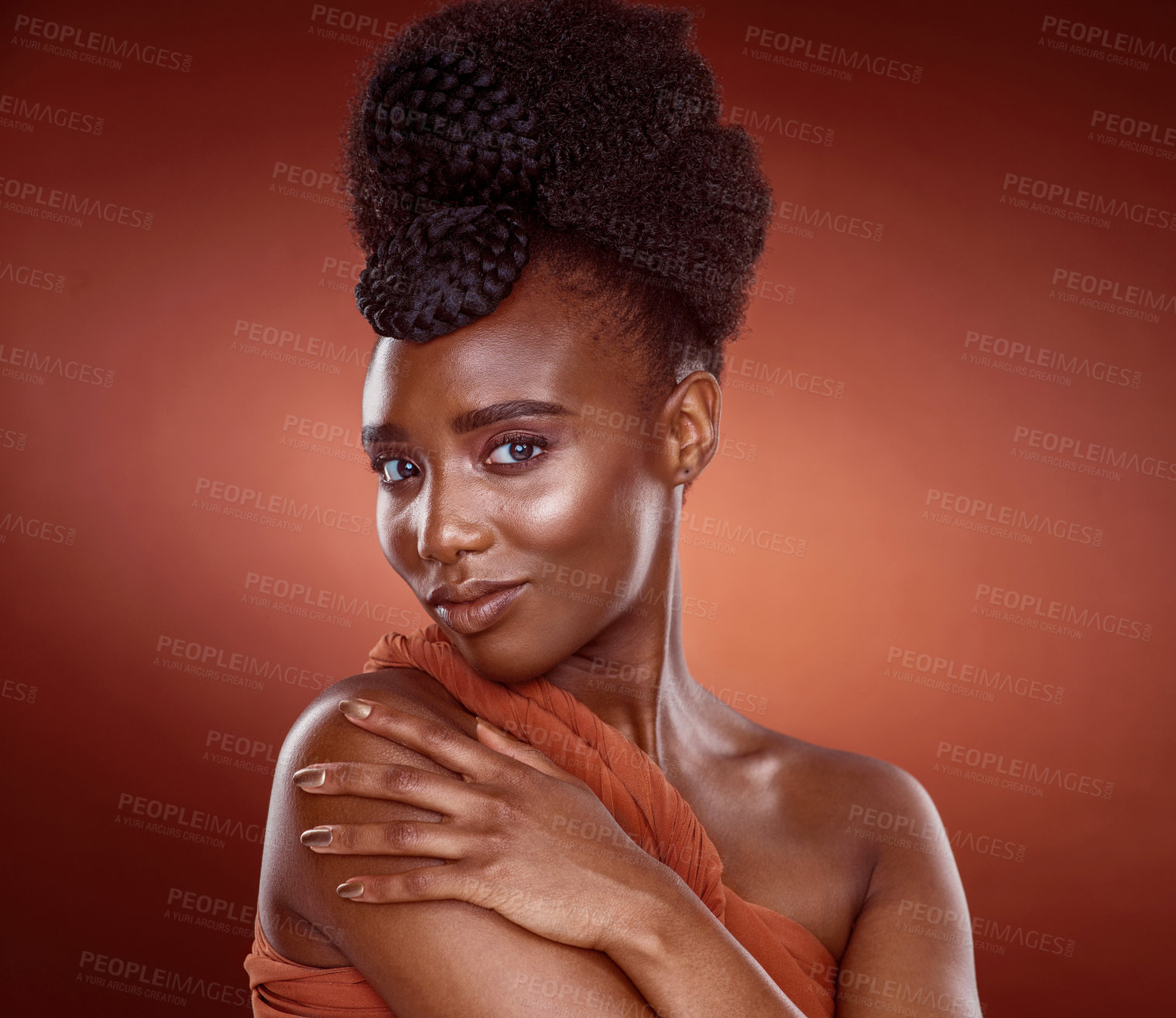 Buy stock photo Black woman, portrait and makeup with confident in studio for beauty or glamour by red background. Pride, African and female person and cosmetic with foundation for glow or shine as model in Nigeria