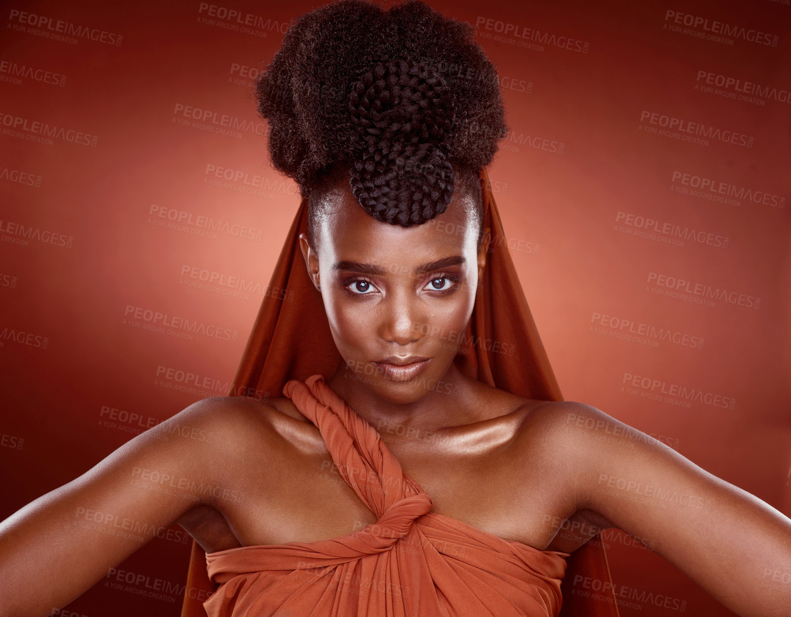 Buy stock photo Portrait, fashion and beauty of confident black woman in studio for glow or braids isolated on red background. Face, hair and model in makeup cosmetics for skin aesthetic, culture or elegant in Kenya