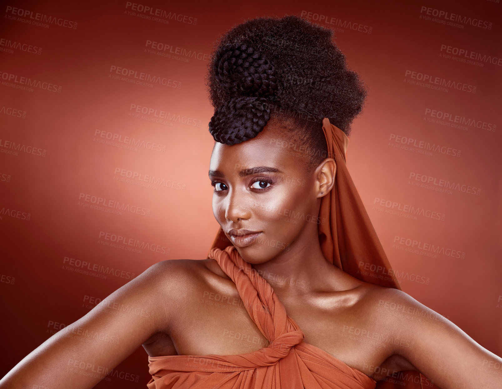 Buy stock photo Portrait, fashion and beauty of black woman in studio for glow or braids isolated on red background. Face, hair and confident model in makeup cosmetics for skin aesthetic, culture or elegant in Kenya