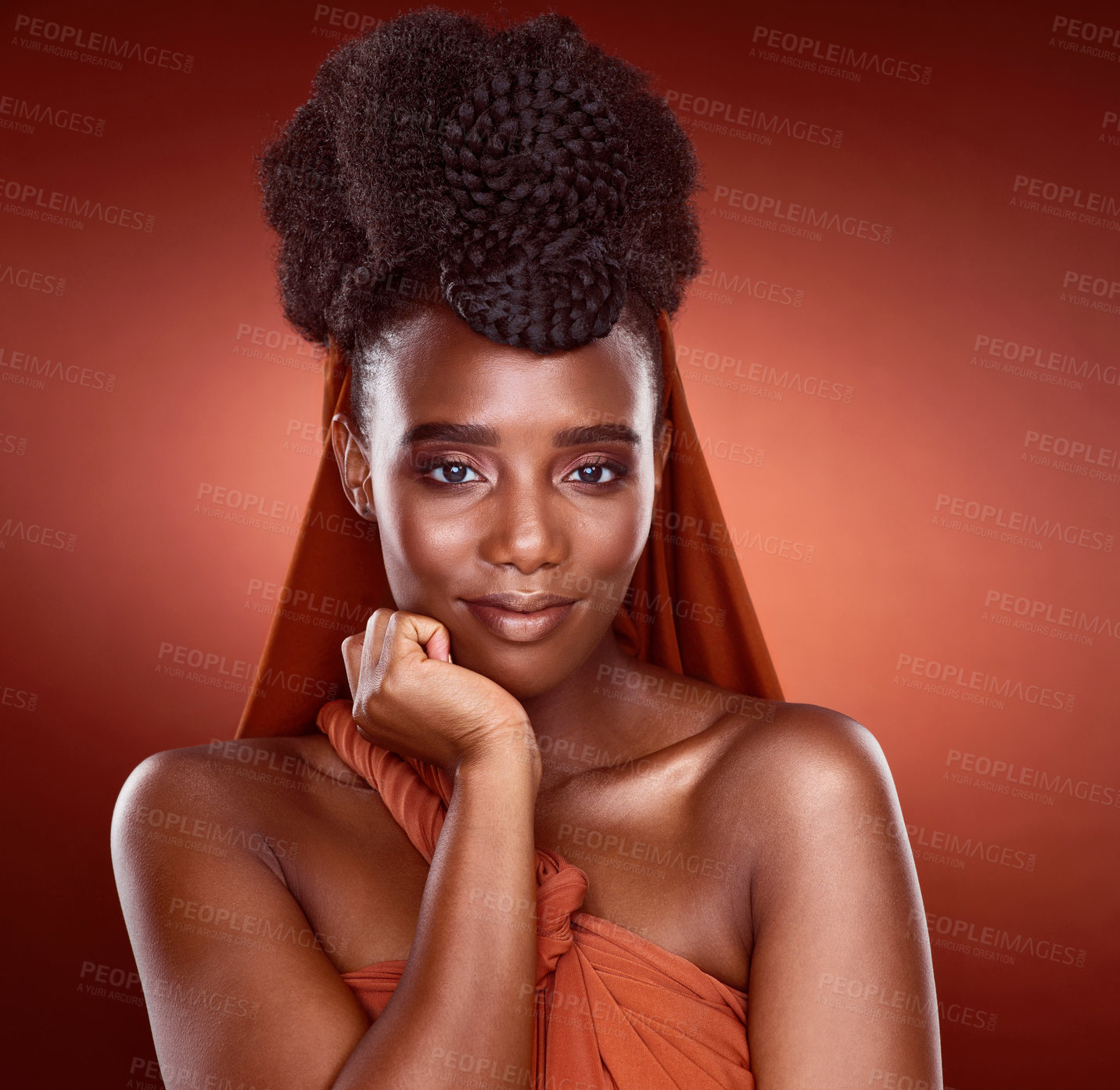 Buy stock photo Portrait, hair care and beauty of black woman with skin glow, fashion or thinking of elegant braids isolated on red studio background. African culture, hairstyle and face of model in makeup cosmetics