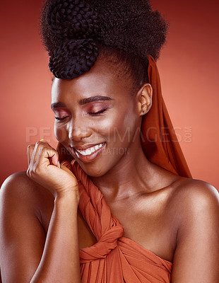 Buy stock photo Fashion, hair style and black woman with beauty, smile and happiness on red studio background. African person, girl and model with makeup, joyful and culture with traditional clothes and cheerful