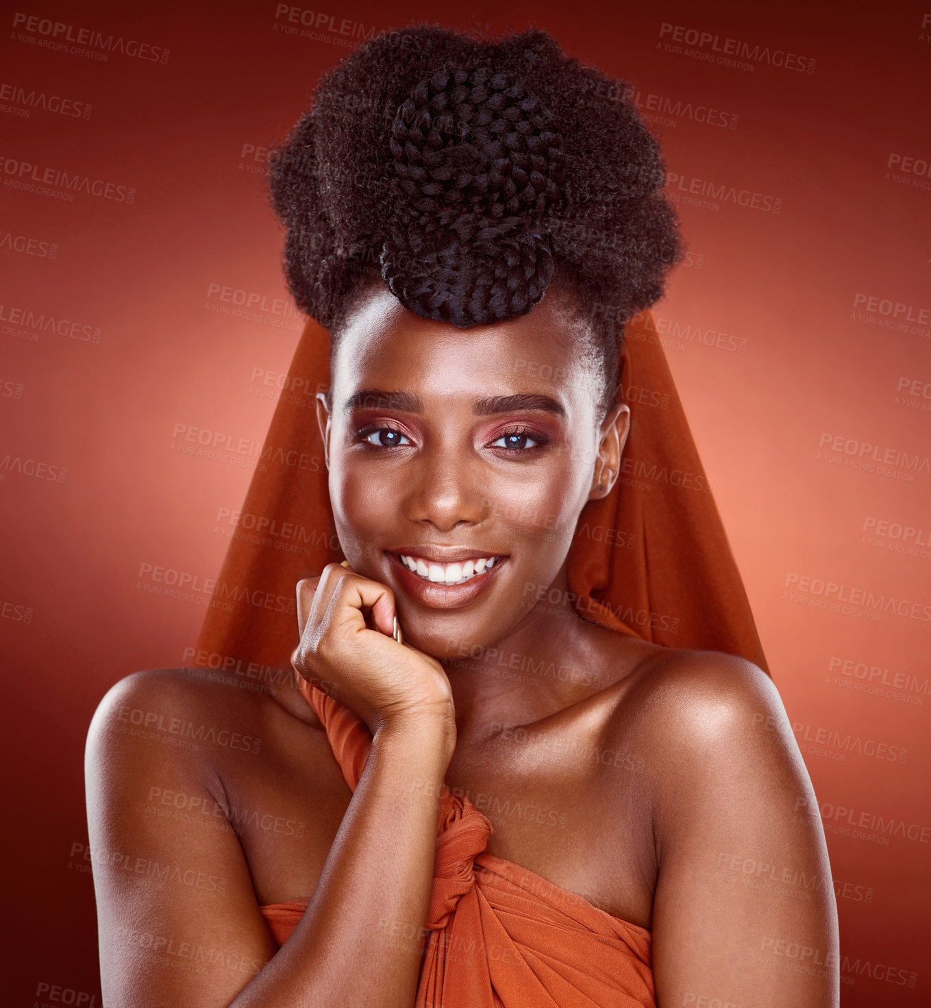 Buy stock photo Portrait, skincare and beauty of happy black woman with glow, fashion or thinking of elegant braids isolated on red studio background. African culture, hairstyle and face of model in makeup cosmetics