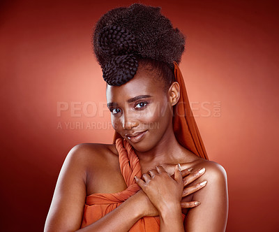 Buy stock photo Portrait, fashion and beauty of black woman in studio for glow, skincare or braids isolated on red studio background. African culture, hairstyle or face of model in makeup cosmetics for pride or care