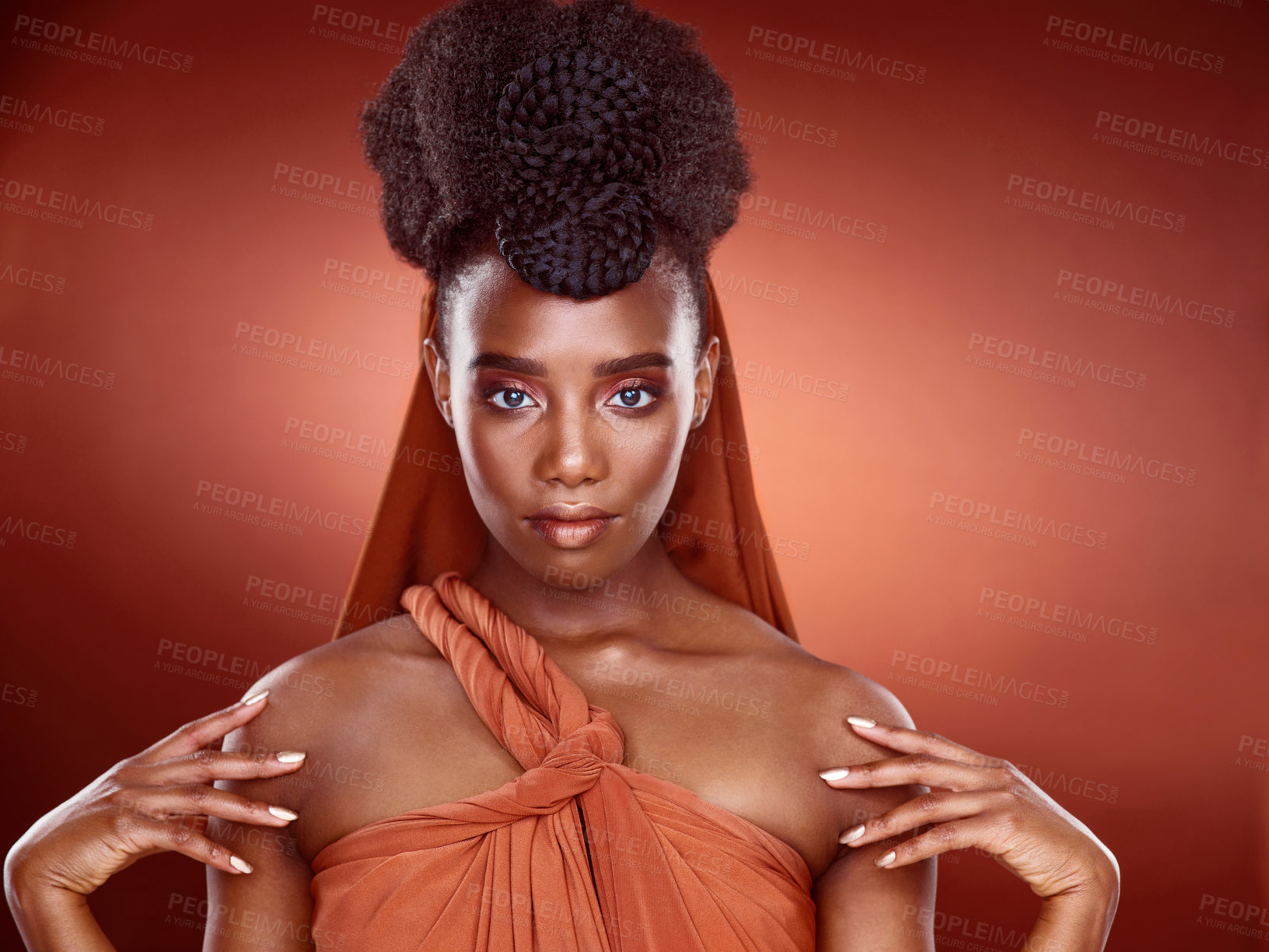 Buy stock photo Portrait, fashion and beauty of confident black woman in studio for glow or braids isolated on red background. Face, hair and model in makeup cosmetics for skin aesthetic, culture or elegant in Kenya