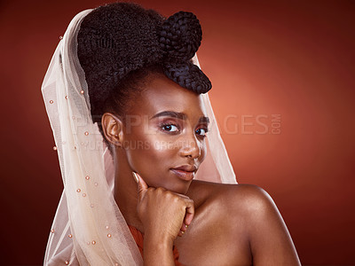 Buy stock photo Portrait, black woman and hair with scarf or veil in glow, makeup or fashion with texture or volume. African, female person and thinking for ideas in design, beauty or glamour in brown background