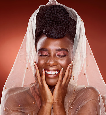 Buy stock photo Black woman, excited and veil in red background with glow, makeup or fashion with volume or braids. African, female person and style, trendy in design, beauty and glamour with confidence or pride