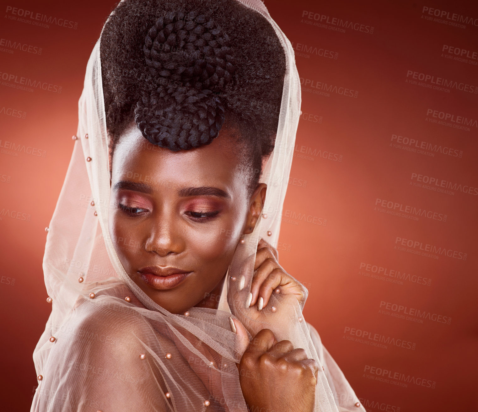 Buy stock photo Black woman, hairstyle and scarf in red background with glow, makeup or fashion with volume or braids. African, female person and style, trendy for design, beauty and glamour with confidence or pride