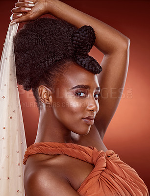 Buy stock photo Nigerian fashion, woman and portrait in studio with braids, skincare and natural beauty on red background. Female person, hairdo and skin glow in autumn for style, culture and confidence or pride