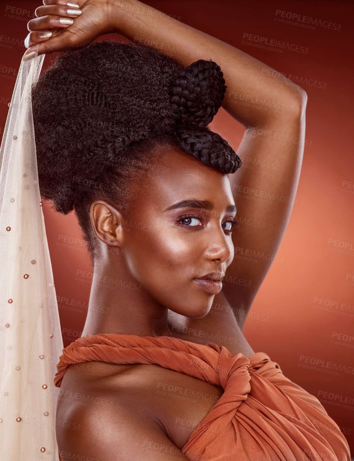 Buy stock photo Nigerian fashion, woman and portrait in studio with braids, skincare and natural beauty on red background. Female person, hairdo and skin glow in autumn for style, culture and confidence or pride