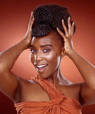 Buy stock photo Portrait, hair care and beauty of happy black woman for glow, shine or braids isolated on red studio background. Face, hairstyle and model in makeup cosmetics for skin aesthetic at hairdresser salon