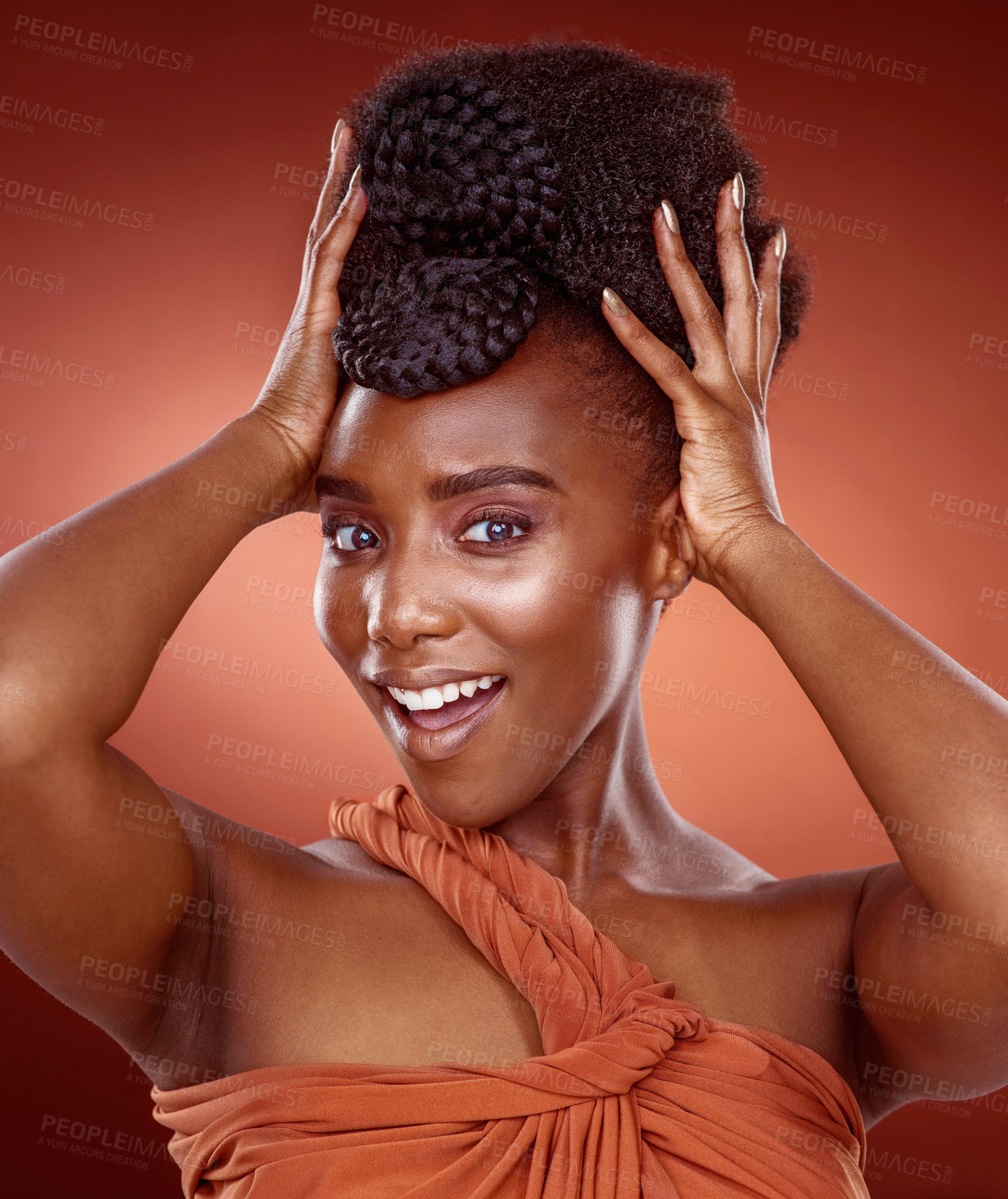 Buy stock photo Portrait, hair care and beauty of happy black woman for glow, shine or braids isolated on red studio background. Face, hairstyle and model in makeup cosmetics for skin aesthetic at hairdresser salon