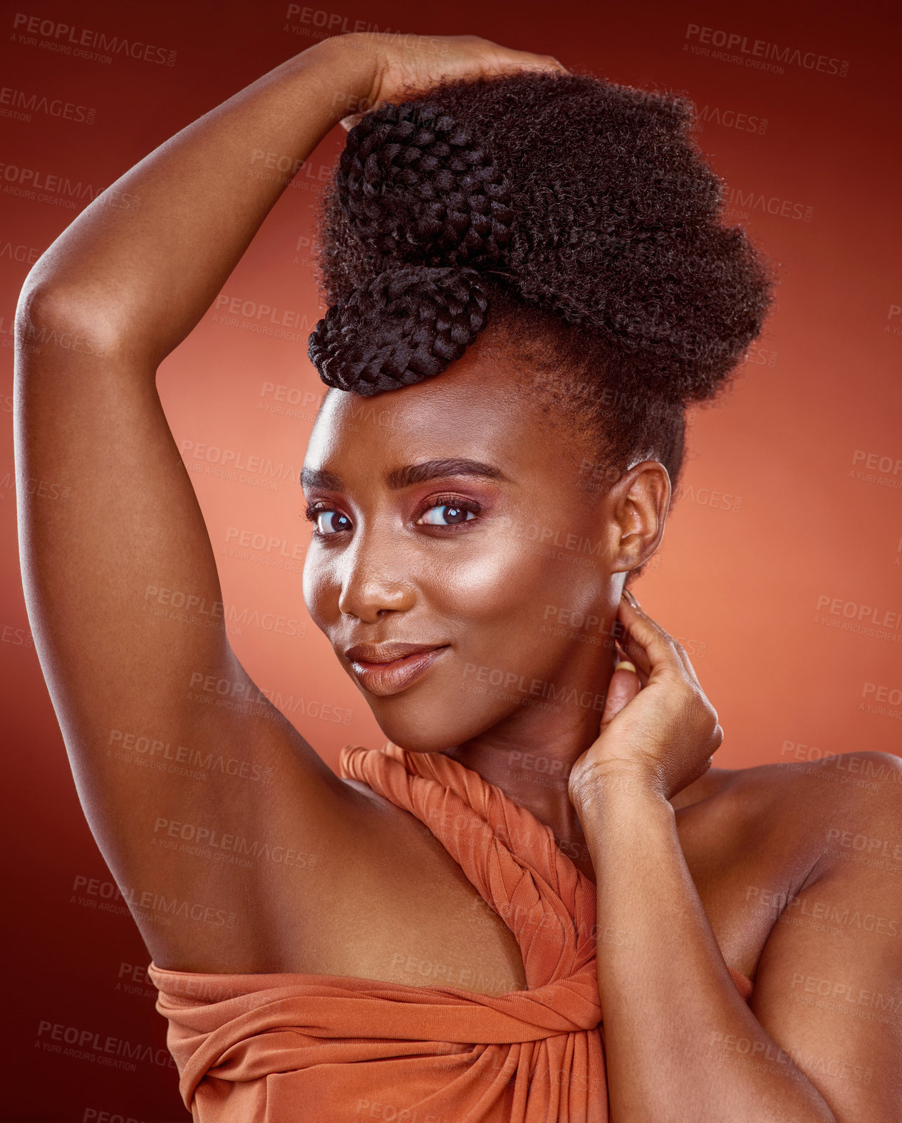 Buy stock photo Portrait, confident and black woman for haircare in studio with braids hairstyle, beauty and creative design for styling in salon. African, female person and natural afro health on orange background