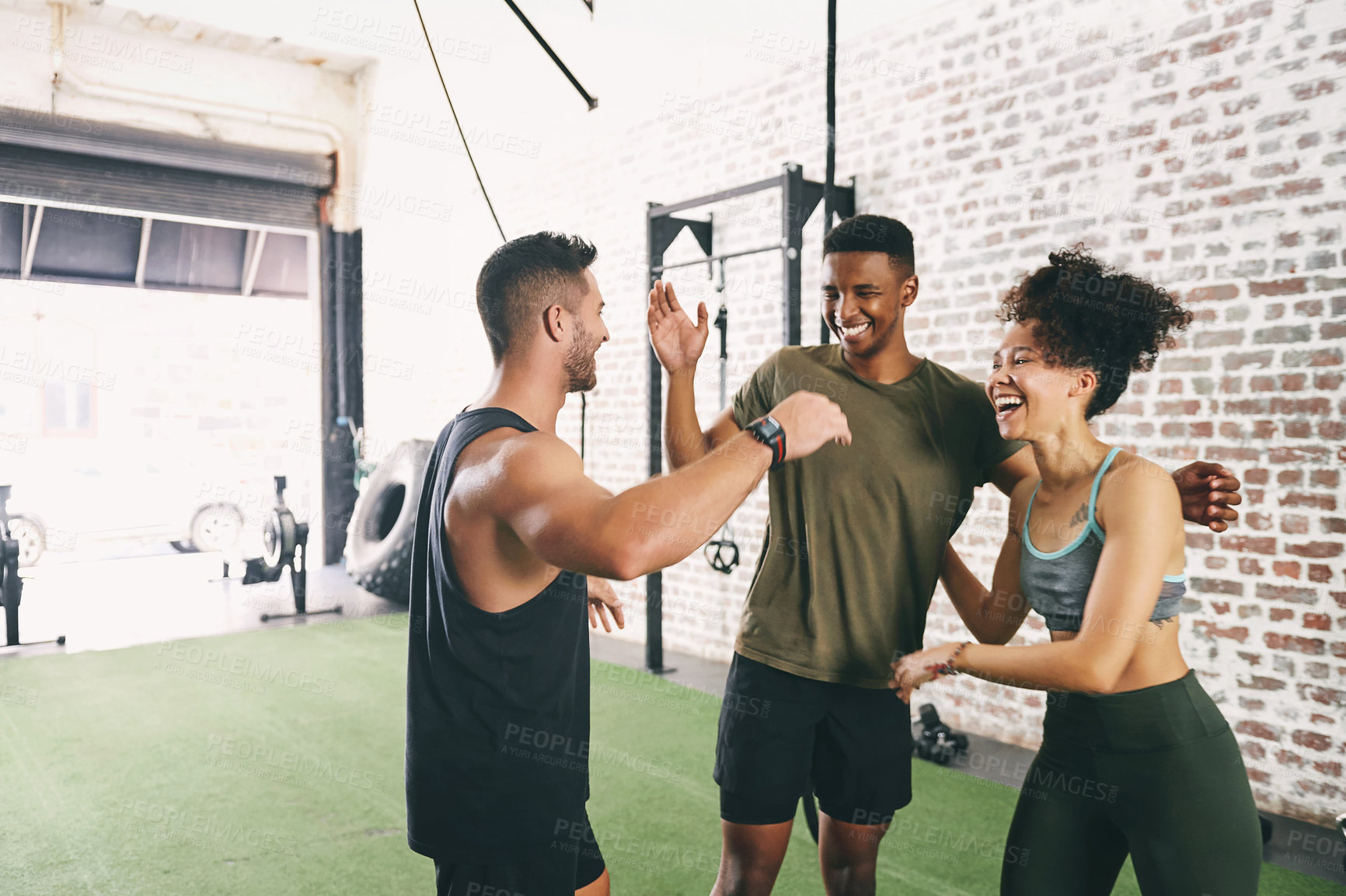 Buy stock photo Fitness, laugh and people in gym on break for exercise, training and workout class together. Sports, friends and men with woman celebrate for progress, goals and happy for health, wellness and done