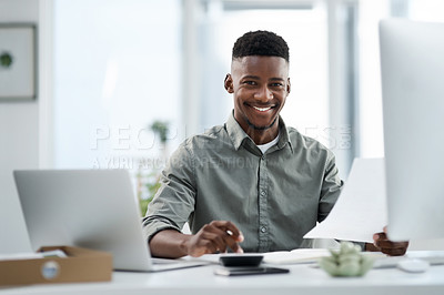 Buy stock photo Black man, portrait and laptop with documents for finance, audit or accounting at the office desk. Happy African male accountant or businessman with smile for financial planning, budget or paperwork