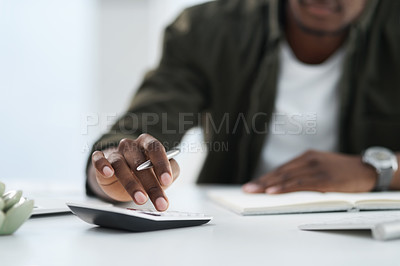 Buy stock photo Hand, accountant with calculator and notebook planning at his desk at work. Finance or budget strategy, income and male entrepreneur or businessman working with money in office at his workplace