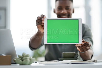 Buy stock photo Black man, hands and tablet with green screen mockup for advertising, marketing or branding at office. Hand of businessman holding technology with chromakey display for advertisement or copy space