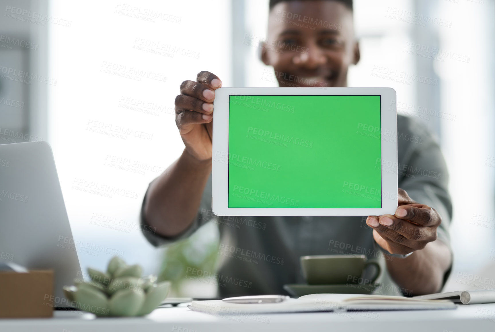 Buy stock photo Black man, hands and tablet with green screen mockup for advertising, marketing or branding at office. Hand of businessman holding technology with chromakey display for advertisement or copy space