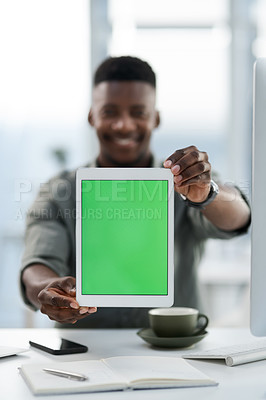 Buy stock photo Businessman, hands and tablet with green screen for advertising, marketing or branding at office. Hand of Black man holding technology with chromakey display for advertisement, brand or mockup space