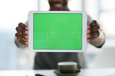 Buy stock photo Hands, tablet and green screen mockup for advertising, marketing or branding at office. Closeup hand of person holding technology with chromakey display for advertisement or copy space at workplace
