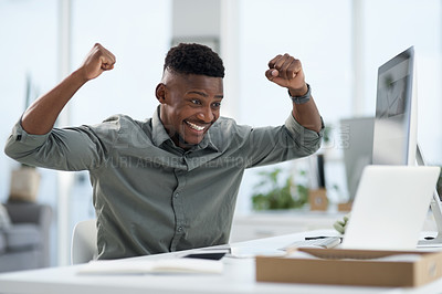 Buy stock photo Black man, laptop and celebration for winning, success or victory and bonus in promotion at office. Excited African male person in joy with fists for win, lottery or prize on technology at workplace