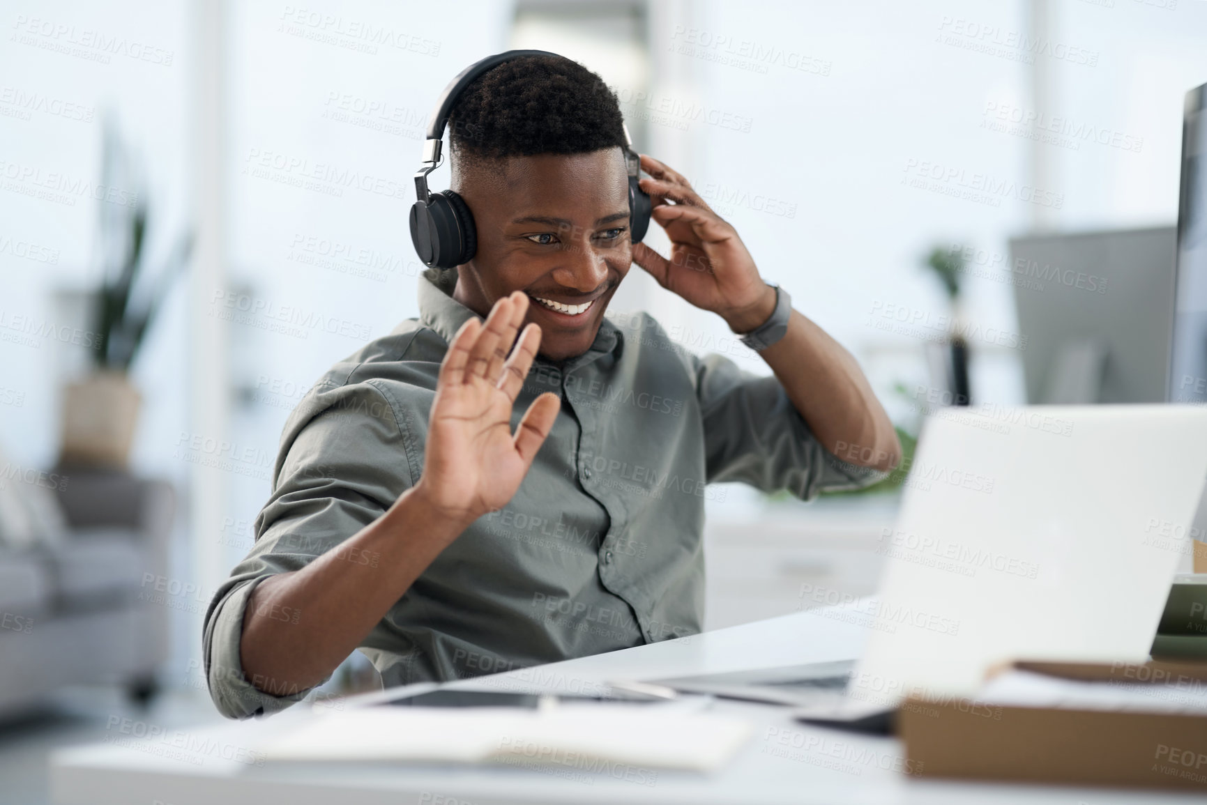 Buy stock photo Happy black man, laptop and video call with headphones for webinar, virtual meeting or introduction at the office. Friendly African male person, consultant or agent smiling with headset for seminar