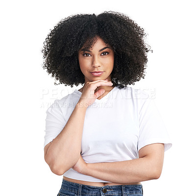 Buy stock photo Studio portrait of an attractive young woman posing against a white background